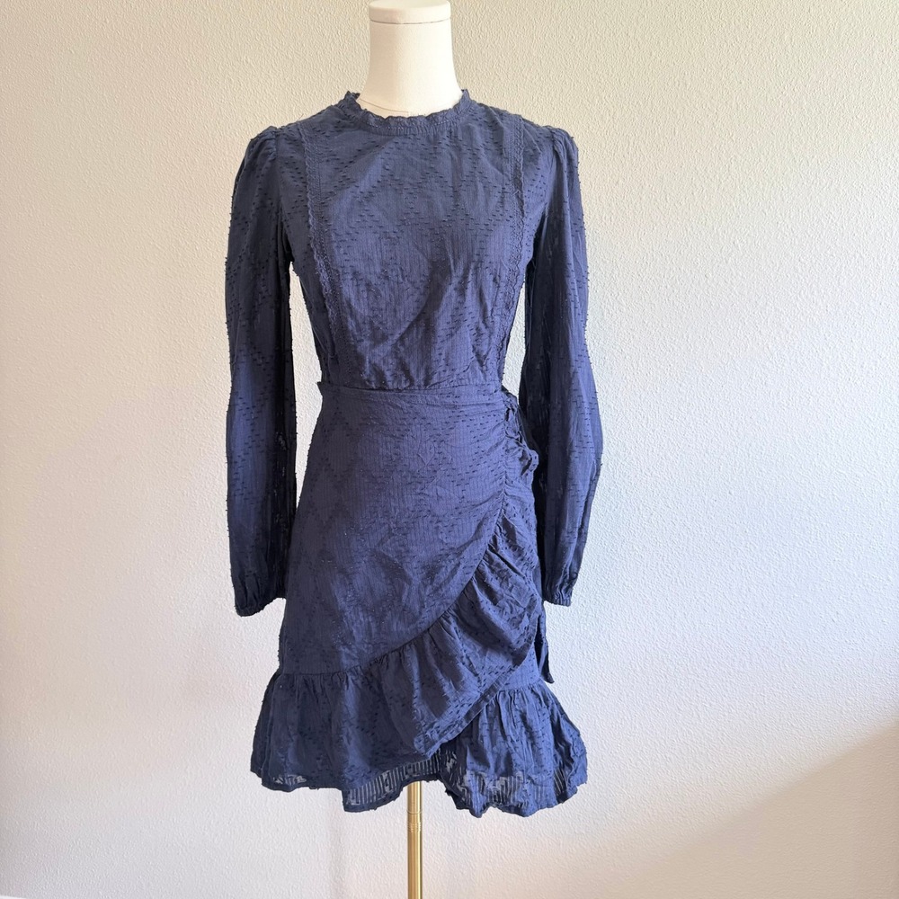 J.Crew Navy Blue Clip Dot Ruffle Faux Wrap Mini Dress XXS Cotton Long Sleeve
